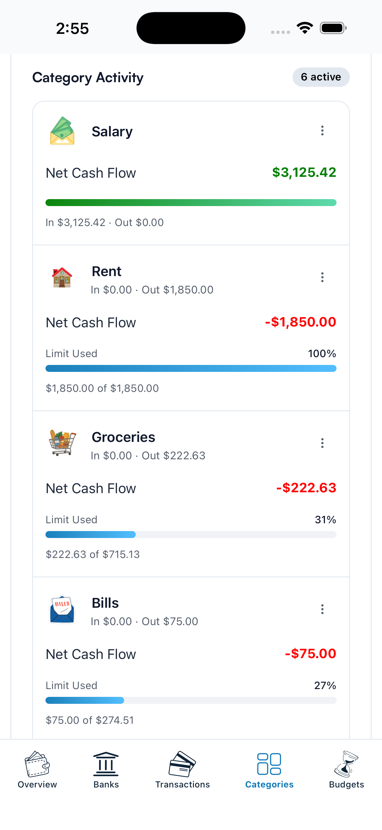 Koody's Category Activity screen on iPhone showing Salary, Rent, Groceries, and Bills with net cash flow and category limits used
