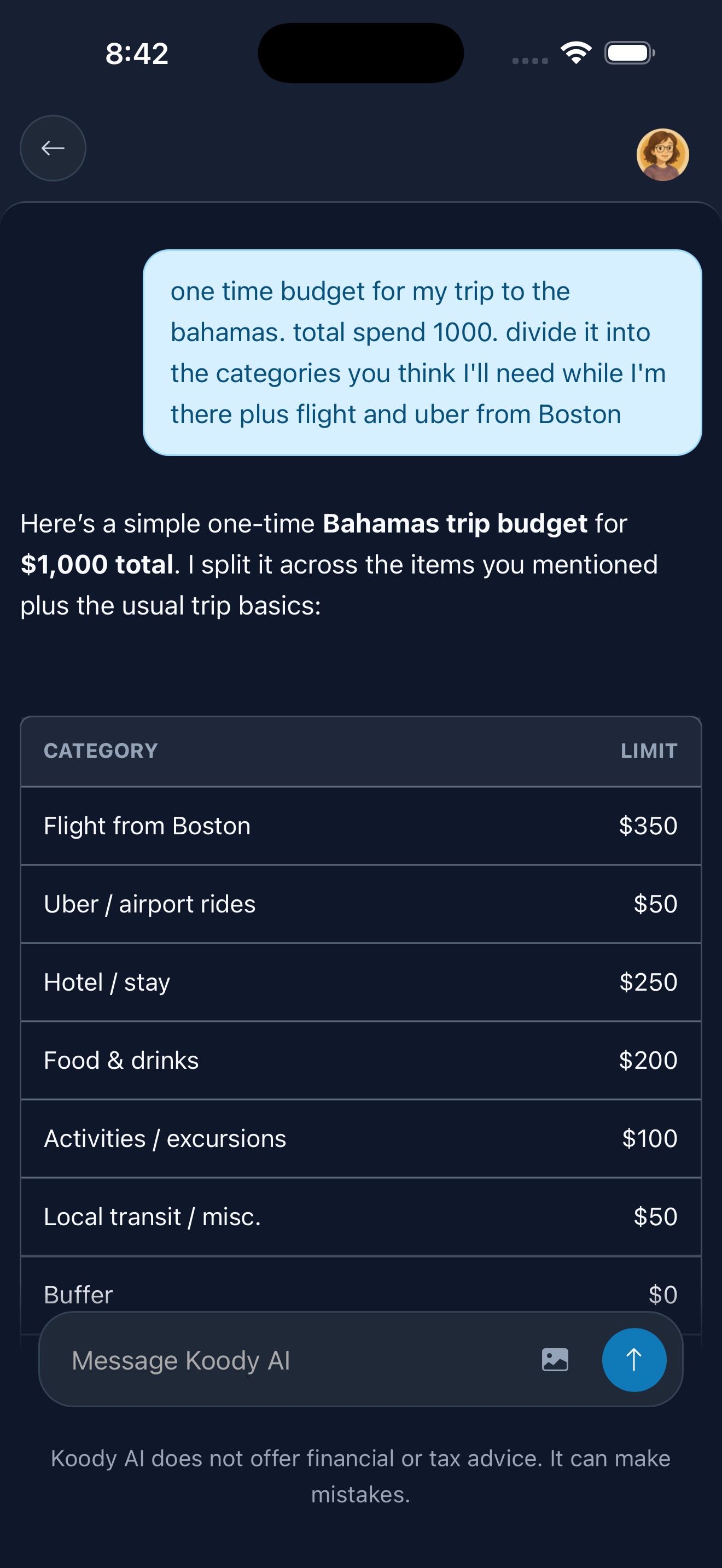 Koody AI chat on iPhone building a one-time Bahamas trip budget from a single message, splitting $1,000 across flight, hotel, food, and activities