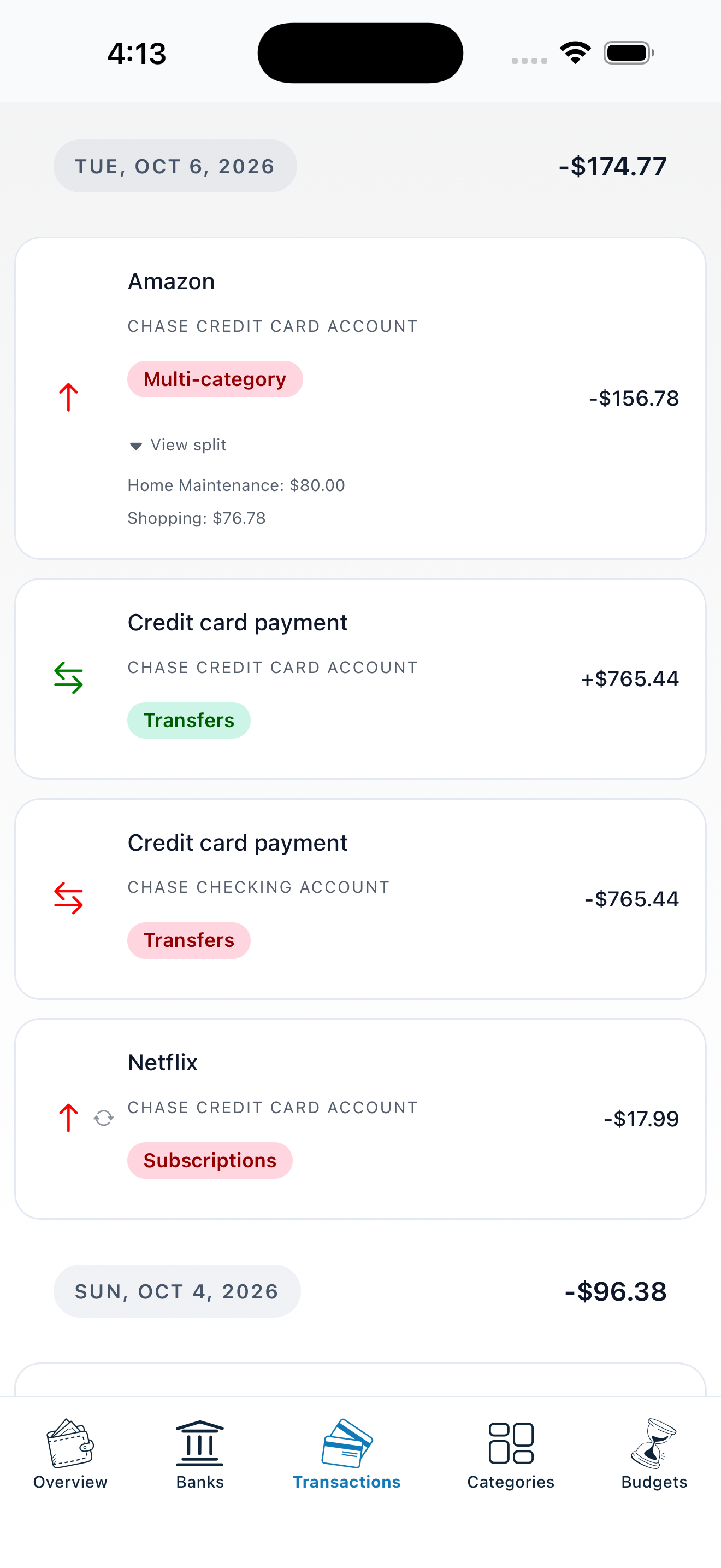 Koody's transaction list on iPhone showing an Amazon purchase split between Home Maintenance and Shopping, credit card payment transfers, and a recurring Netflix subscription