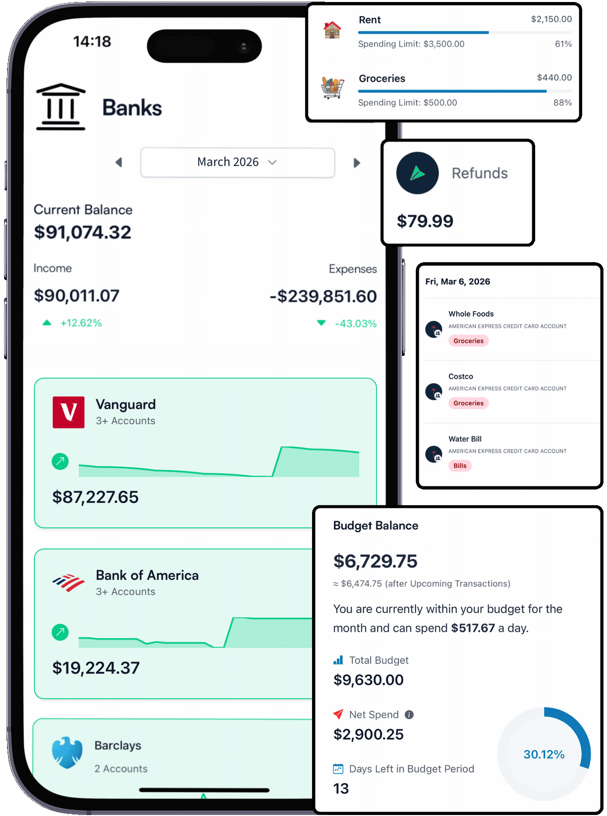 Koody mobile banks screen showing account balances, recent transactions, refunds, and a budget balance card