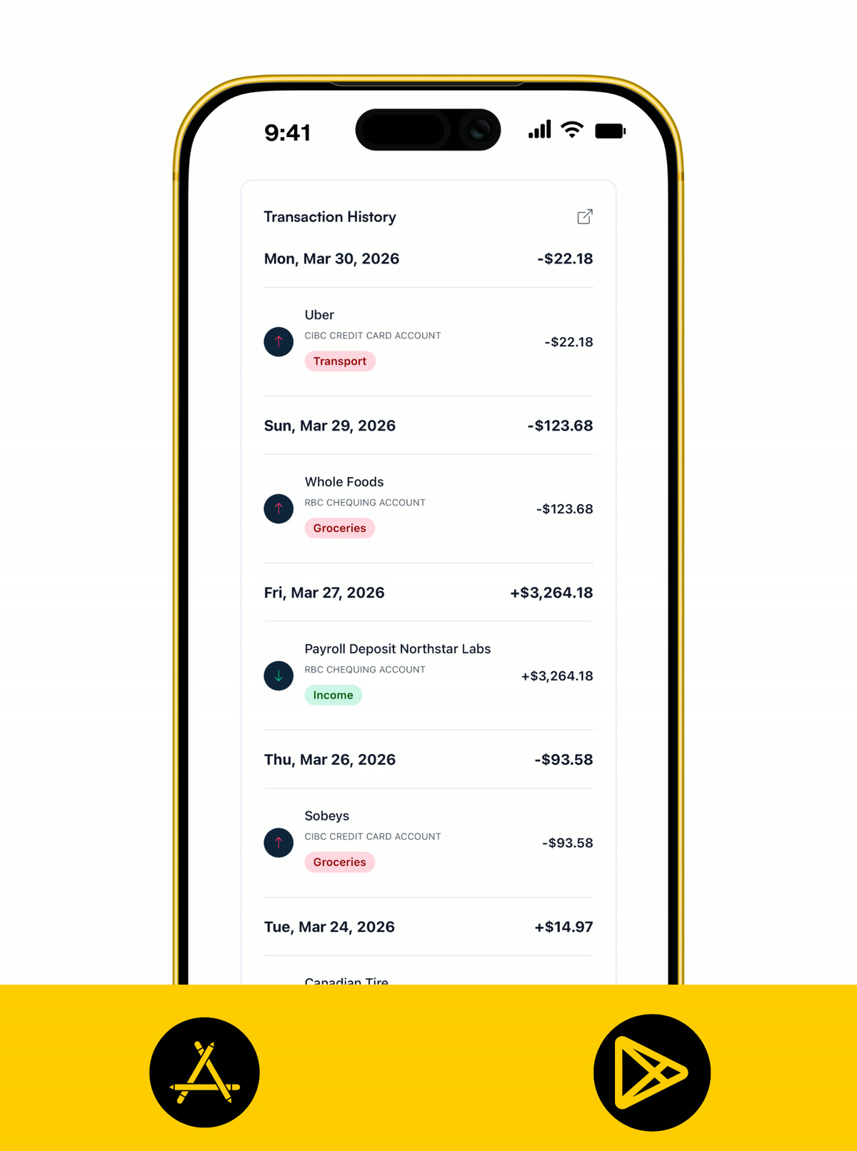 Koody mobile transaction history showing Canadian merchants, payroll income, and categorized spending